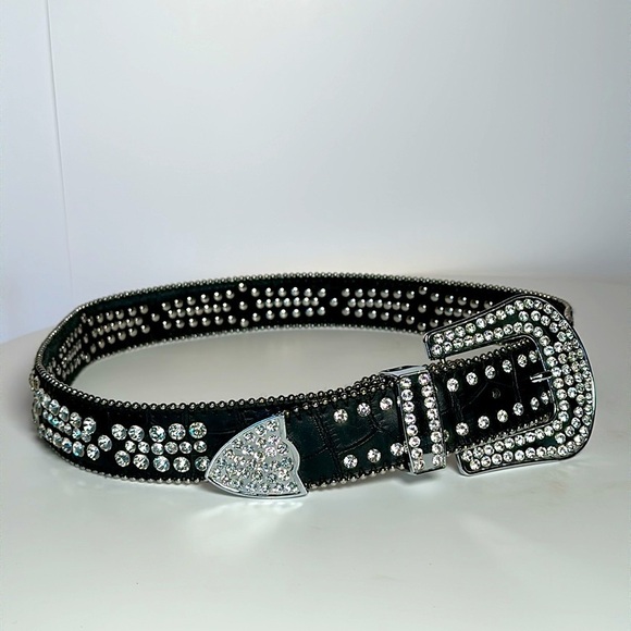 Y2K GENUINE LEATHER BLACK rhinestones changeable buckle 2019 Small rockstar - Picture 9 of 17